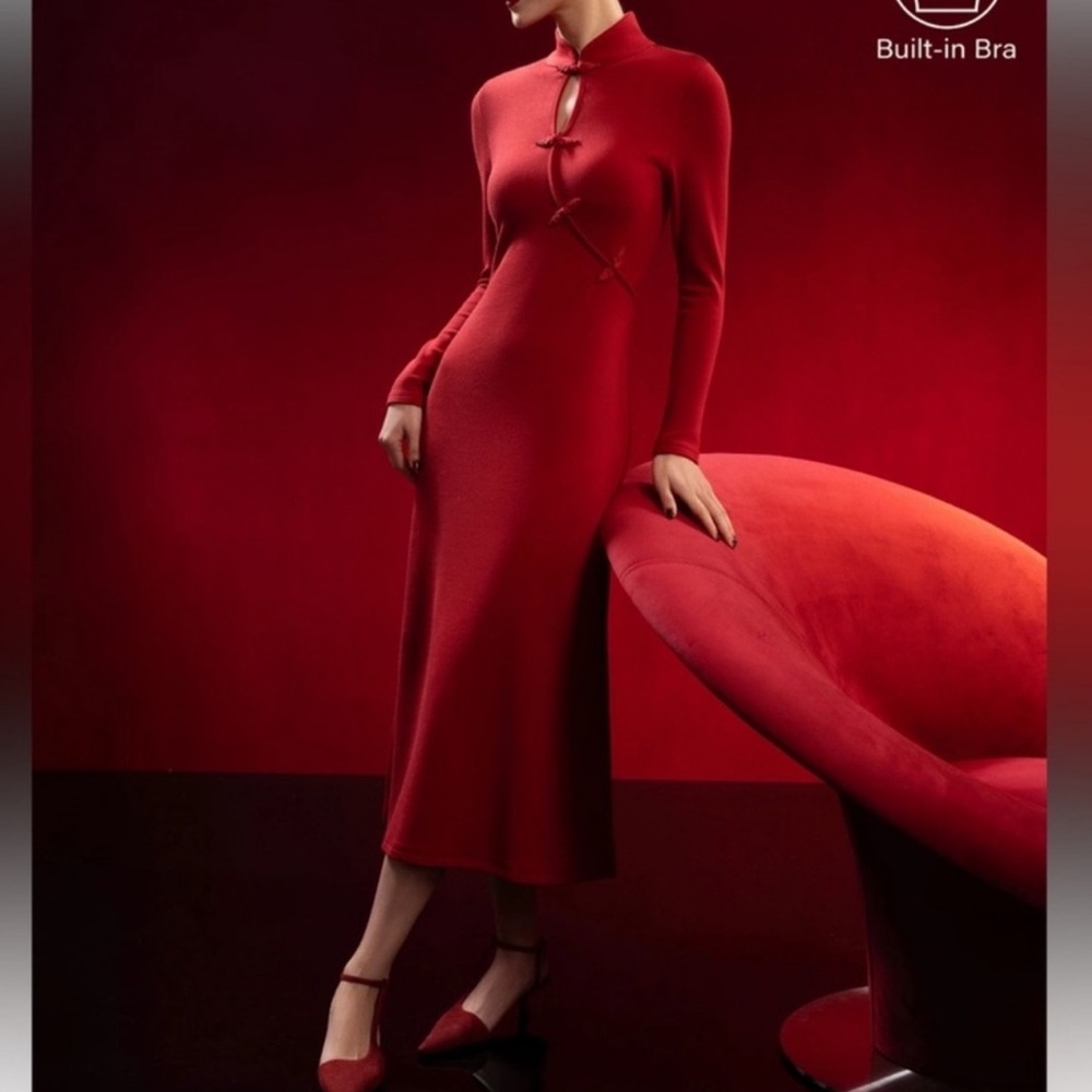 OGL Red Mandarin Collar Built-In Bra Midi Dress Size L